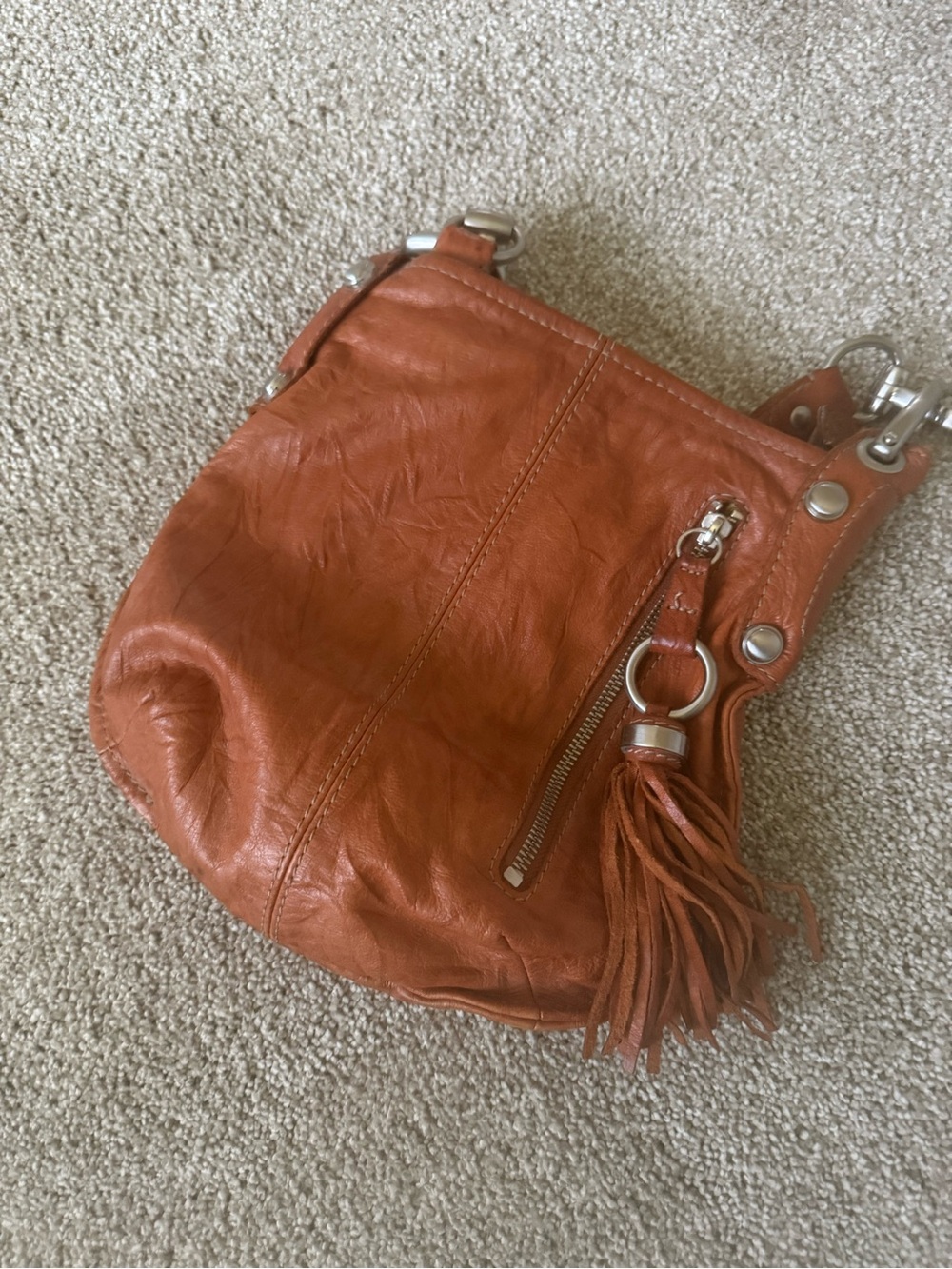 Women’s Distressed Leather Tassel Hobo Bag - Rust